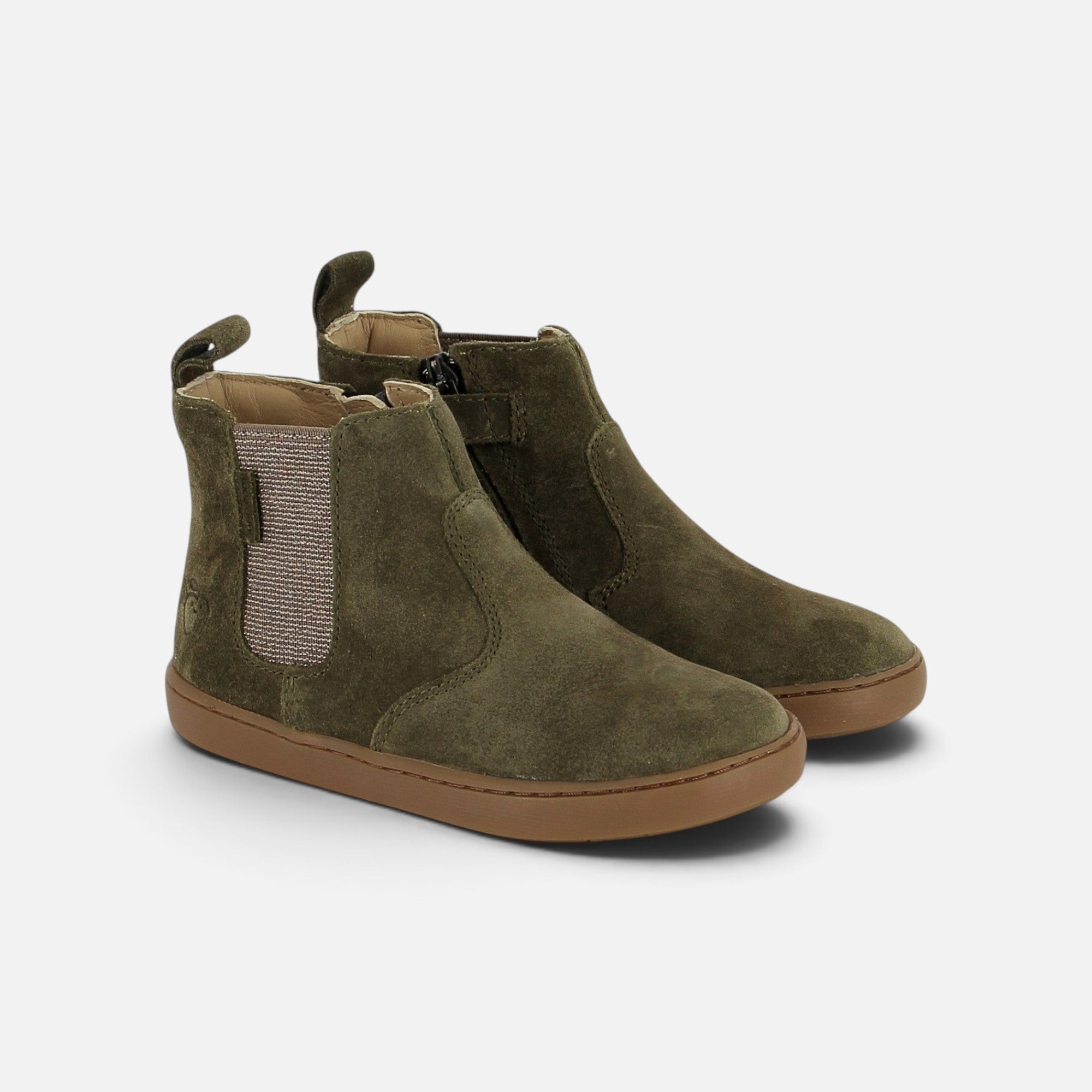 Bottines Chelsea Shoo Pom en velours huilé kaki avec empiècement élastique pailleté et semelle en gomme marron