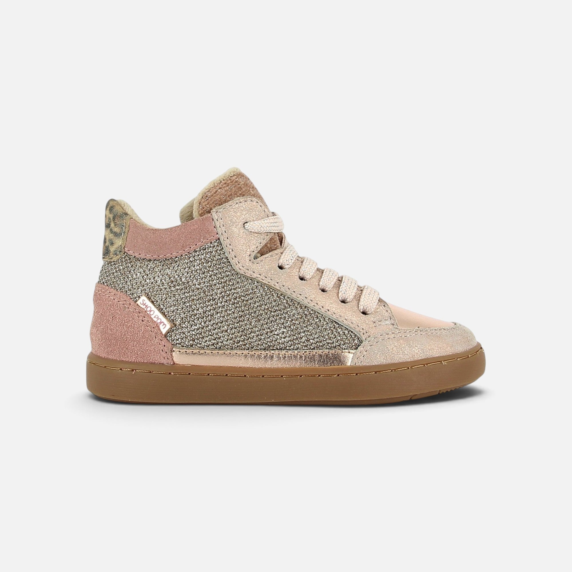 Basket montante Shoo Pom en cuir nude et cuivre pailleté avec doublure fourrée et zip latéral pour fille