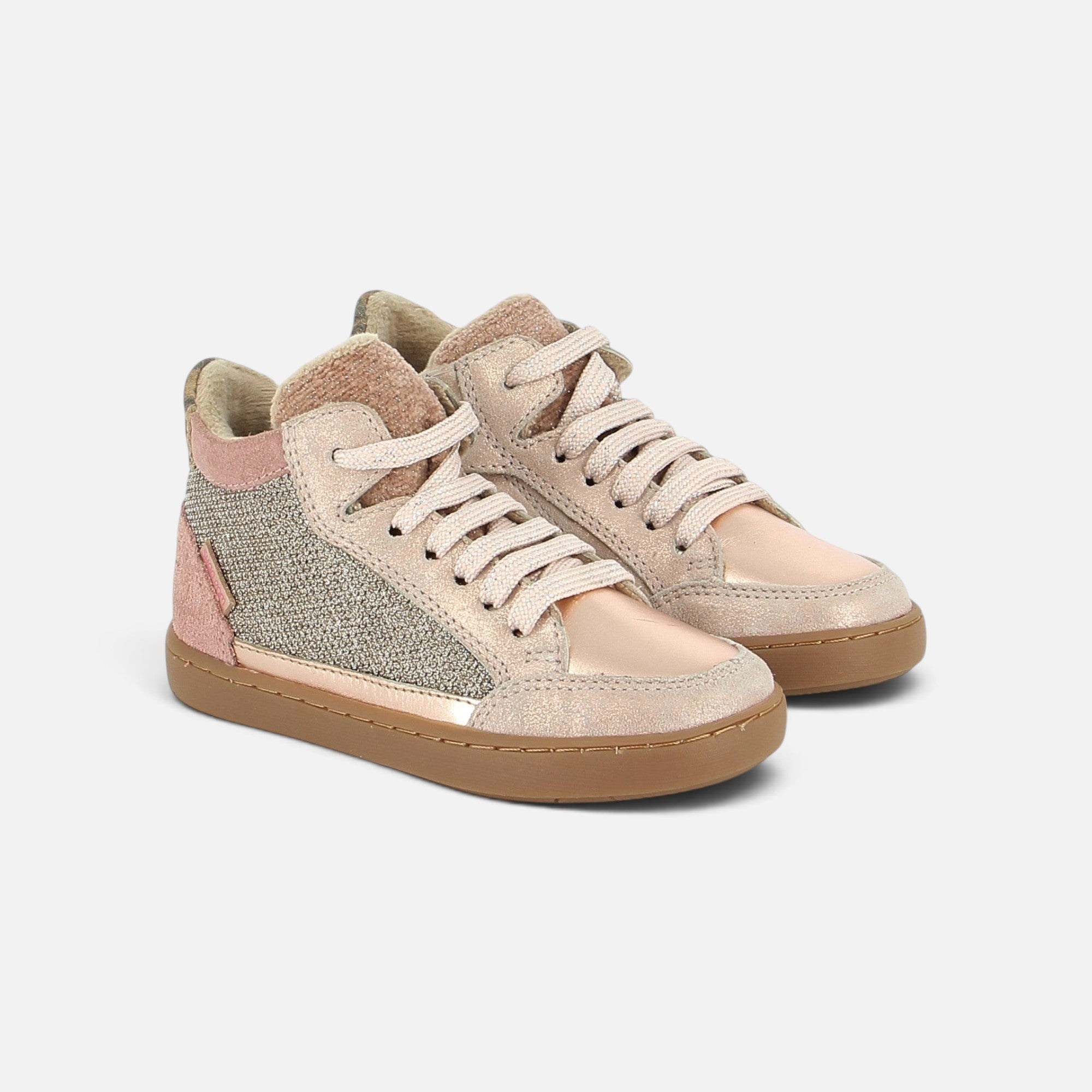 Baskets montantes Shoo Pom en cuir nude et cuivre pailleté avec doublure fourrée et lacets pour fille