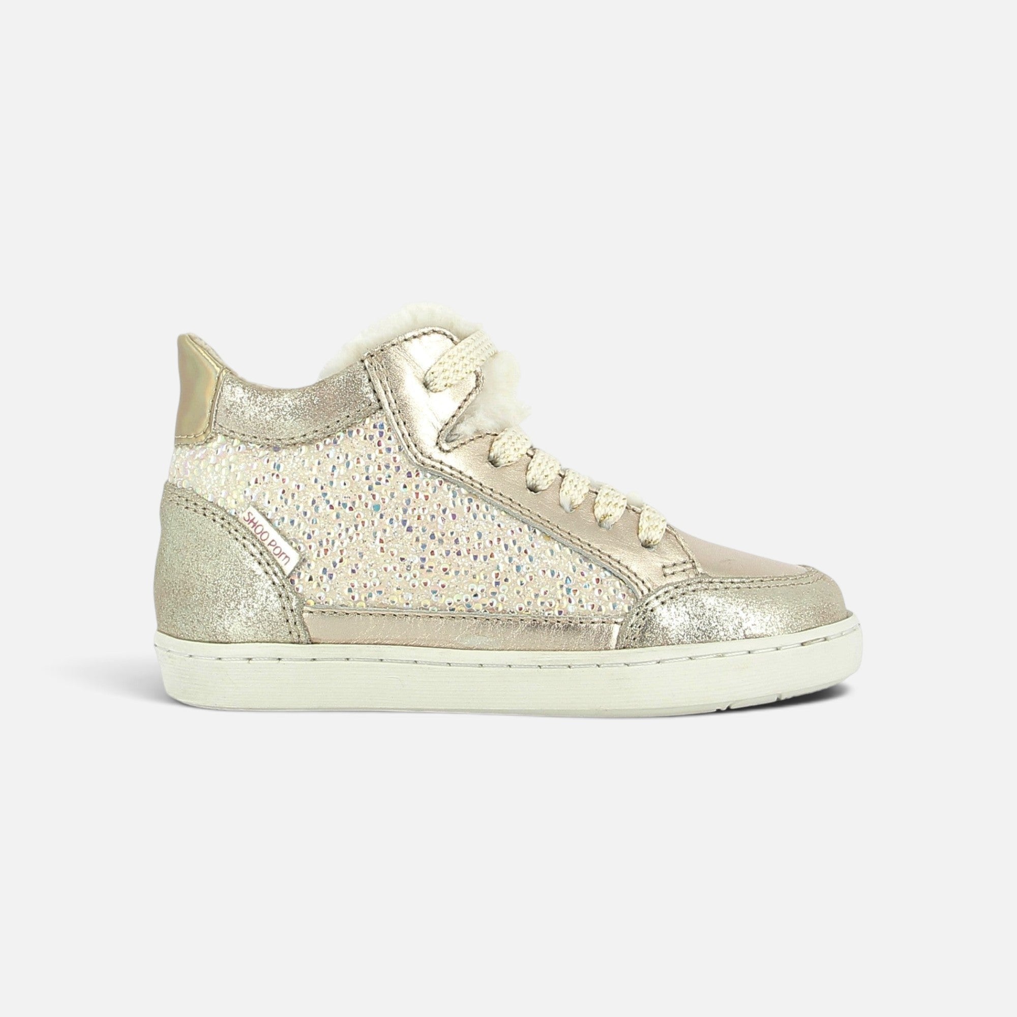 Basket montante Shoo Pom en cuir platine et glitter avec doublure fourrée et semelle en caoutchouc