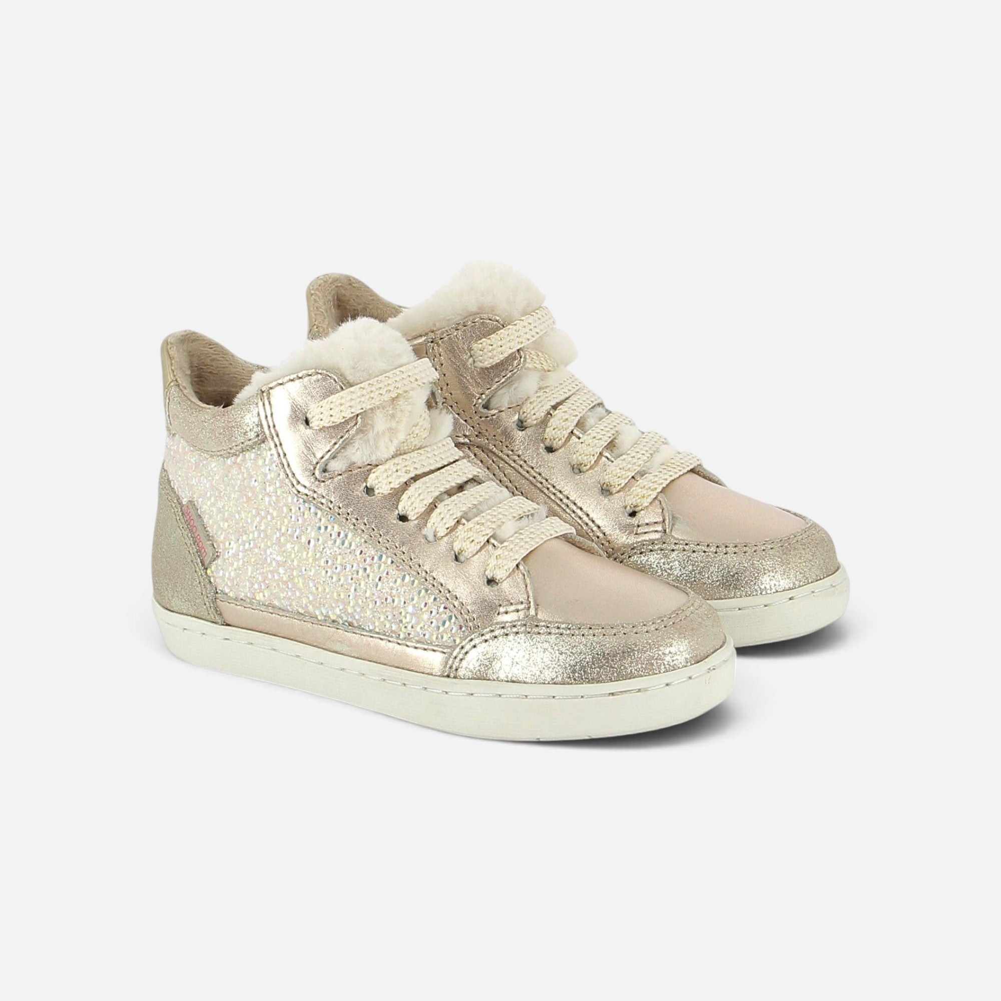 Baskets montantes Shoo Pom pour fille en cuir platine et paillettes avec doublure fourrée et lacets beiges