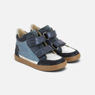 Baskets Shoo Pom pour fille en cuir bleu marine et argenté avec fermeture à scratch et semelle en caoutchouc