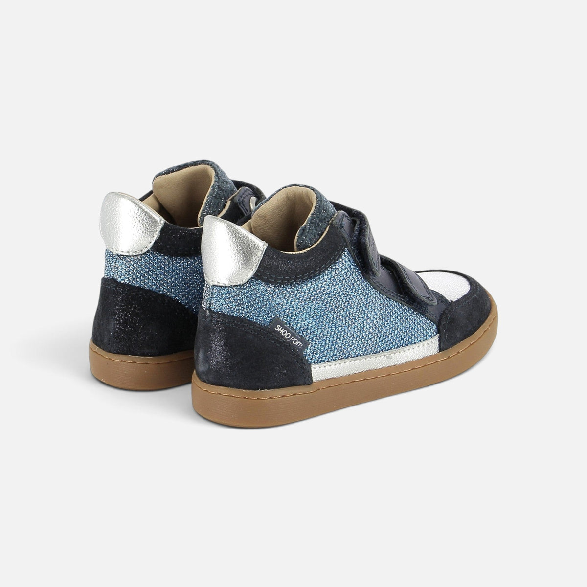 Baskets montantes Shoo Pom en cuir bleu marine et argenté avec fermeture scratch et semelle en caoutchouc