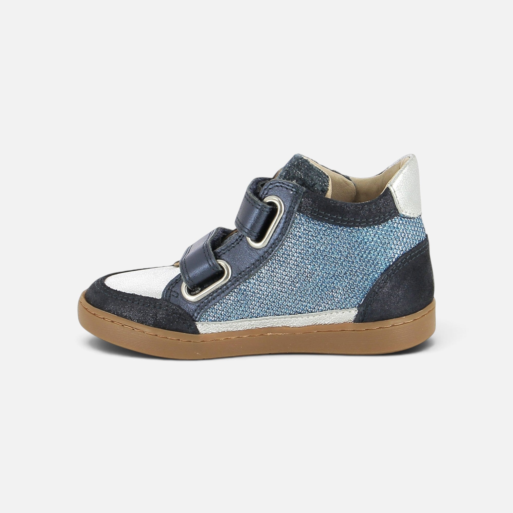 Basket Shoo Pom pour fille en cuir bleu marine et argent avec fermeture scratch et semelle en caoutchouc souple