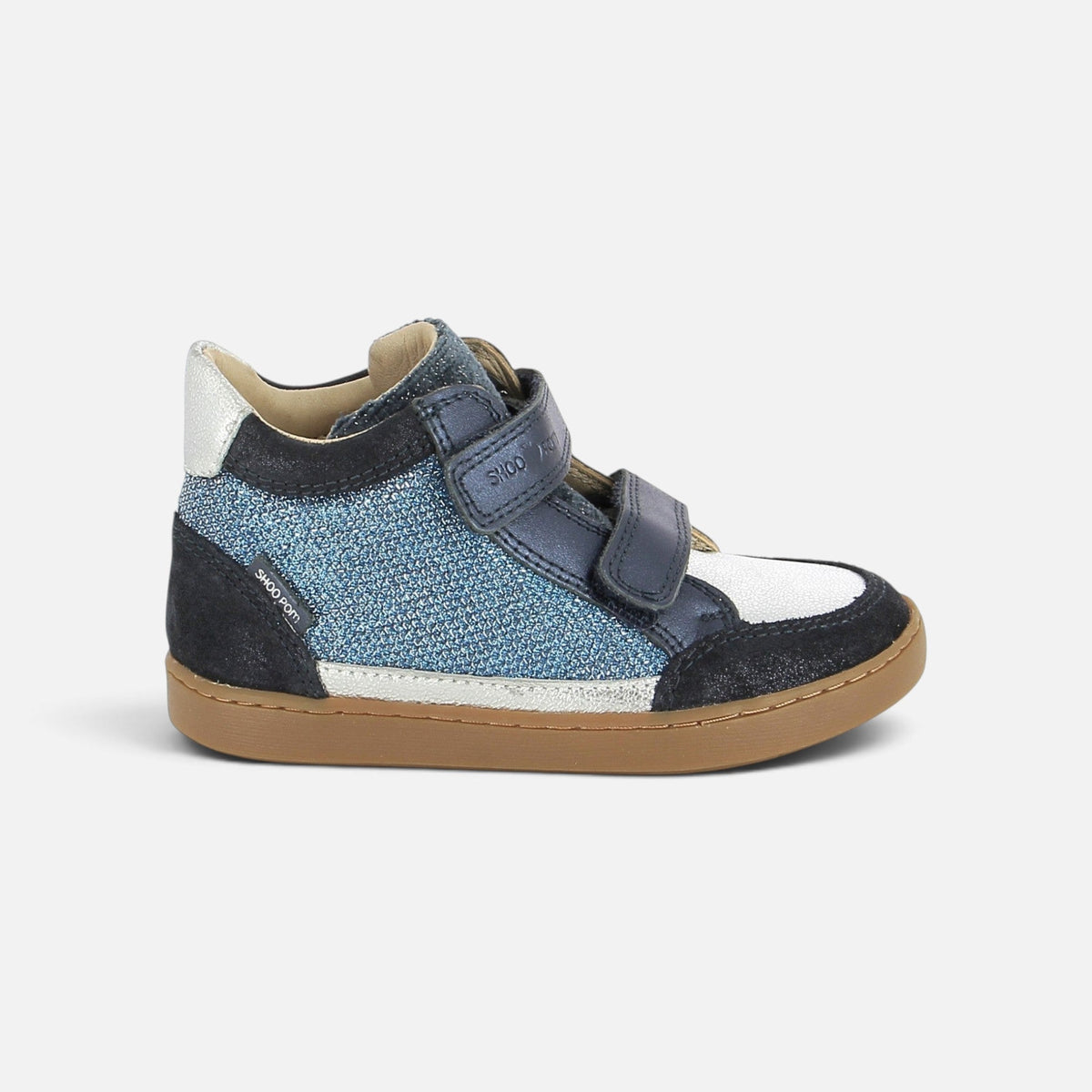 Basket montante Shoo Pom en cuir bleu marine et argenté avec fermeture à scratch et semelle en caoutchouc souple