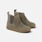 Bottines enfant Shoo Pom en cuir velours kaki avec franges décoratives et fermeture éclair latérale