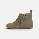 Bottine enfant Shoo Pom en cuir velours kaki avec franges décoratives, fermeture zippée et semelle en caoutchouc