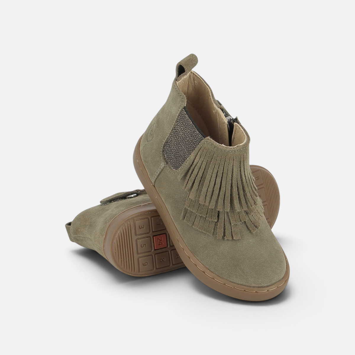 Bottines enfant Shoo Pom Play Frifri en velours kaki avec franges décoratives et semelle en caoutchouc souple