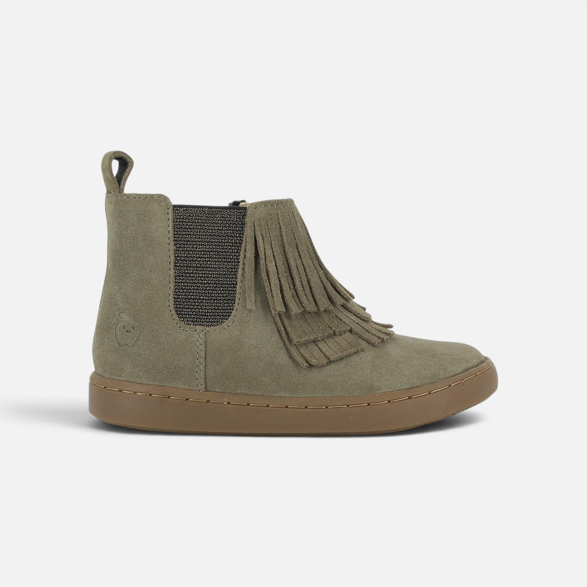 Bottine enfant Shoo Pom en cuir velours kaki avec franges décoratives et semelle en caoutchouc souple