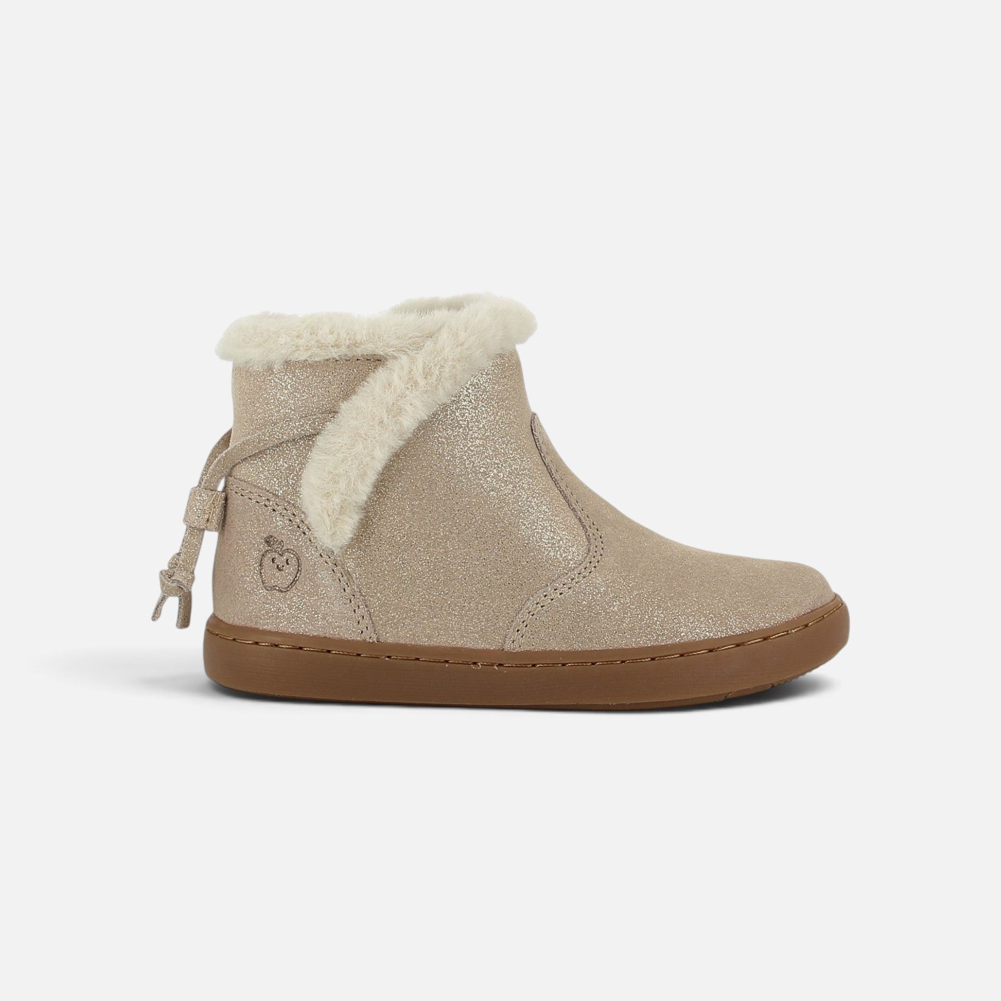 Bottines Shoo Pom pour fille en cuir laminé nude avec doublure en fourrure synthétique et semelle en caoutchouc