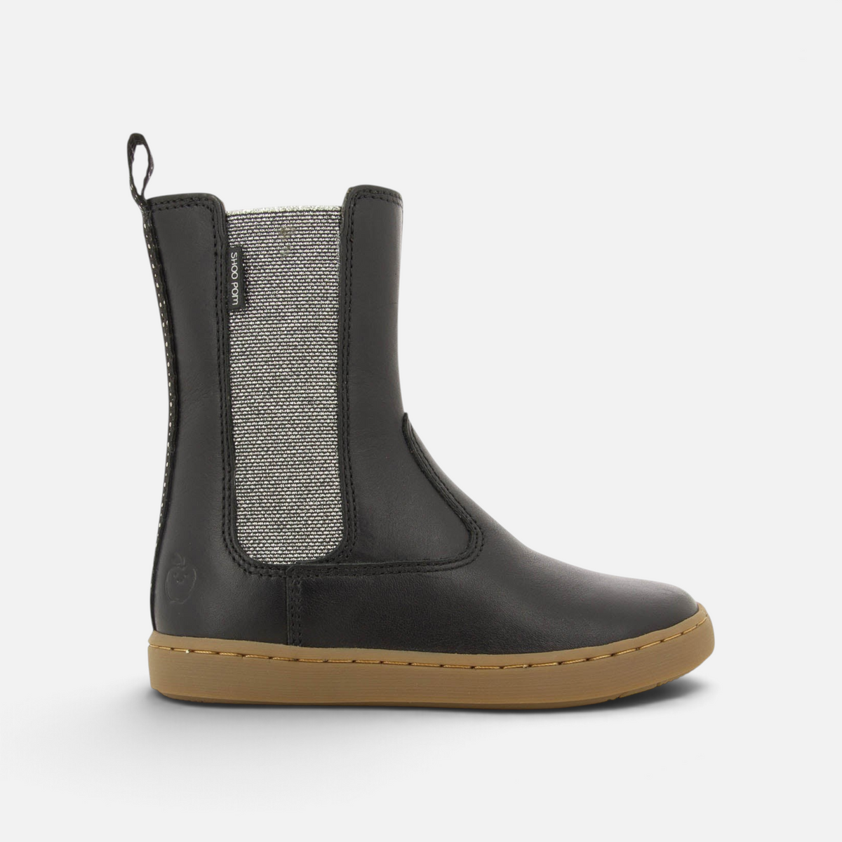 Bottines Shoo Pom pour fille en cuir lisse noir avec empiècement élastique gris et semelle en gomme marron