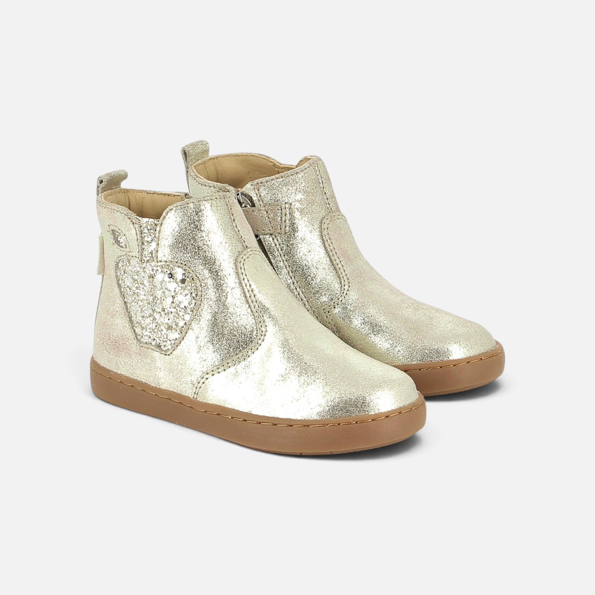 Bottines Shoo Pom pour fille en cuir taupe platine avec détail cœur pailleté et fermeture éclair latérale