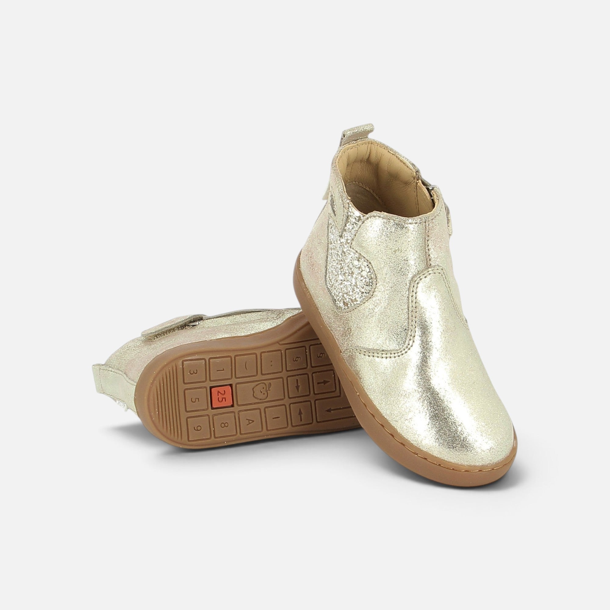 Bottines Shoo Pom en cuir taupe platine brillant pour fille avec fermeture éclair latérale et semelle en caoutchouc