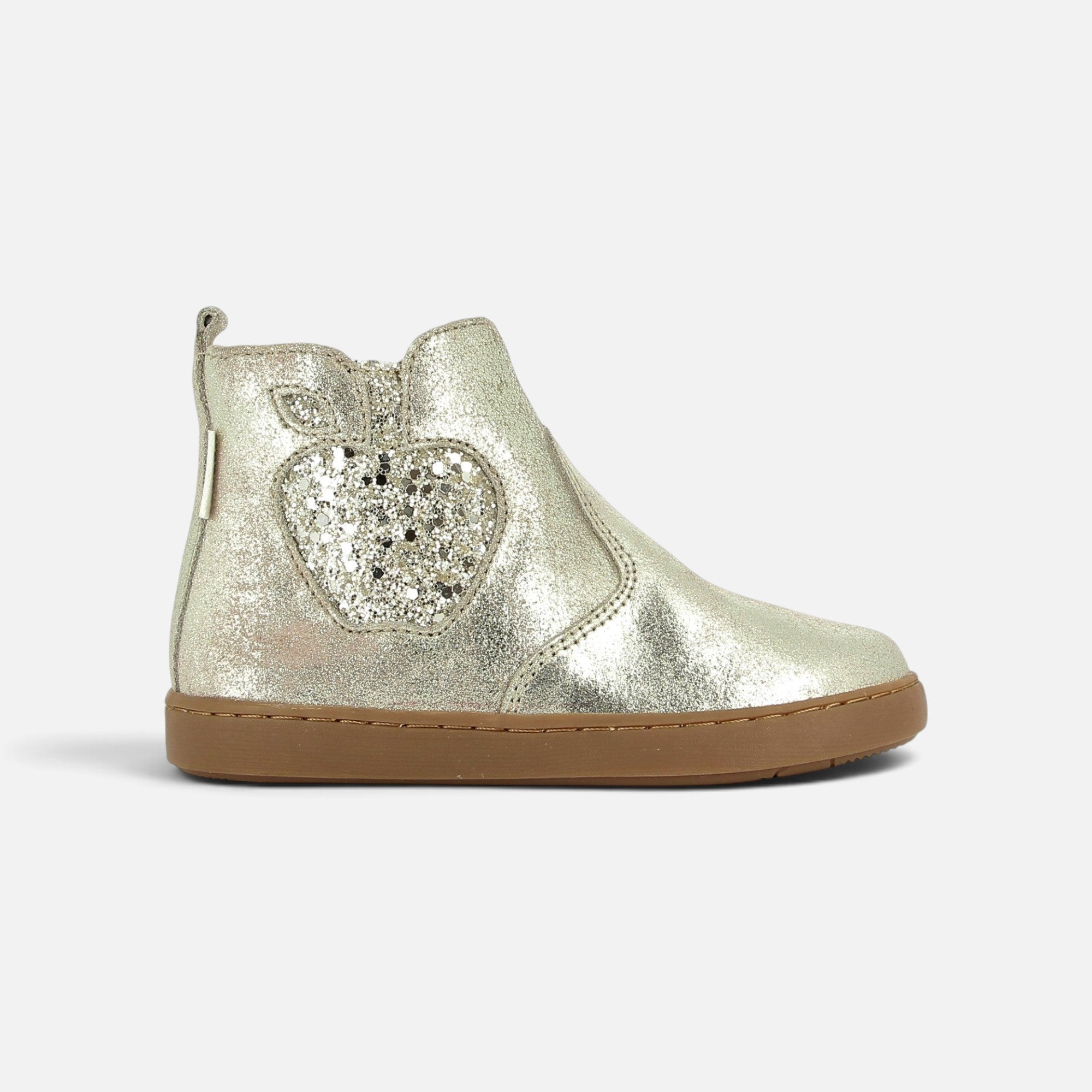 Bottines Shoo Pom pour fille en cuir taupe platine avec motif pomme à paillettes et fermeture éclair latérale