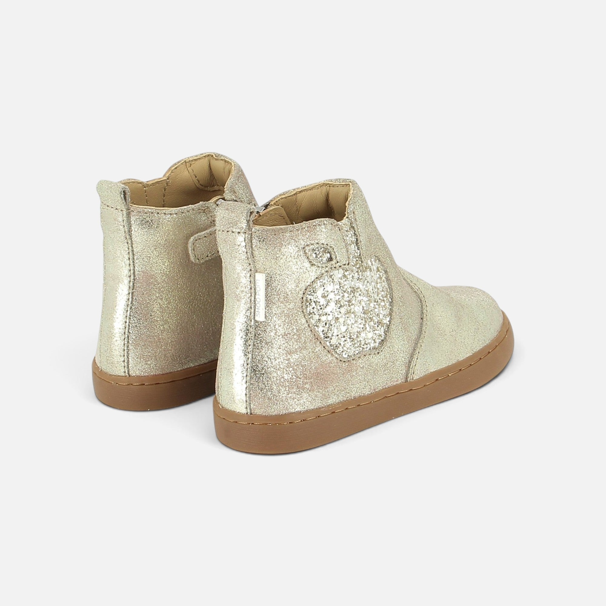 Bottines Shoo Pom pour fille en cuir taupe platine avec motif pomme pailletée et semelle en caoutchouc souple