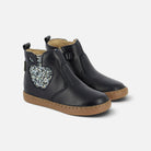 Bottines Shoo Pom pour fille en cuir nappa bleu marine avec motif pomme à paillettes et semelle en caoutchouc