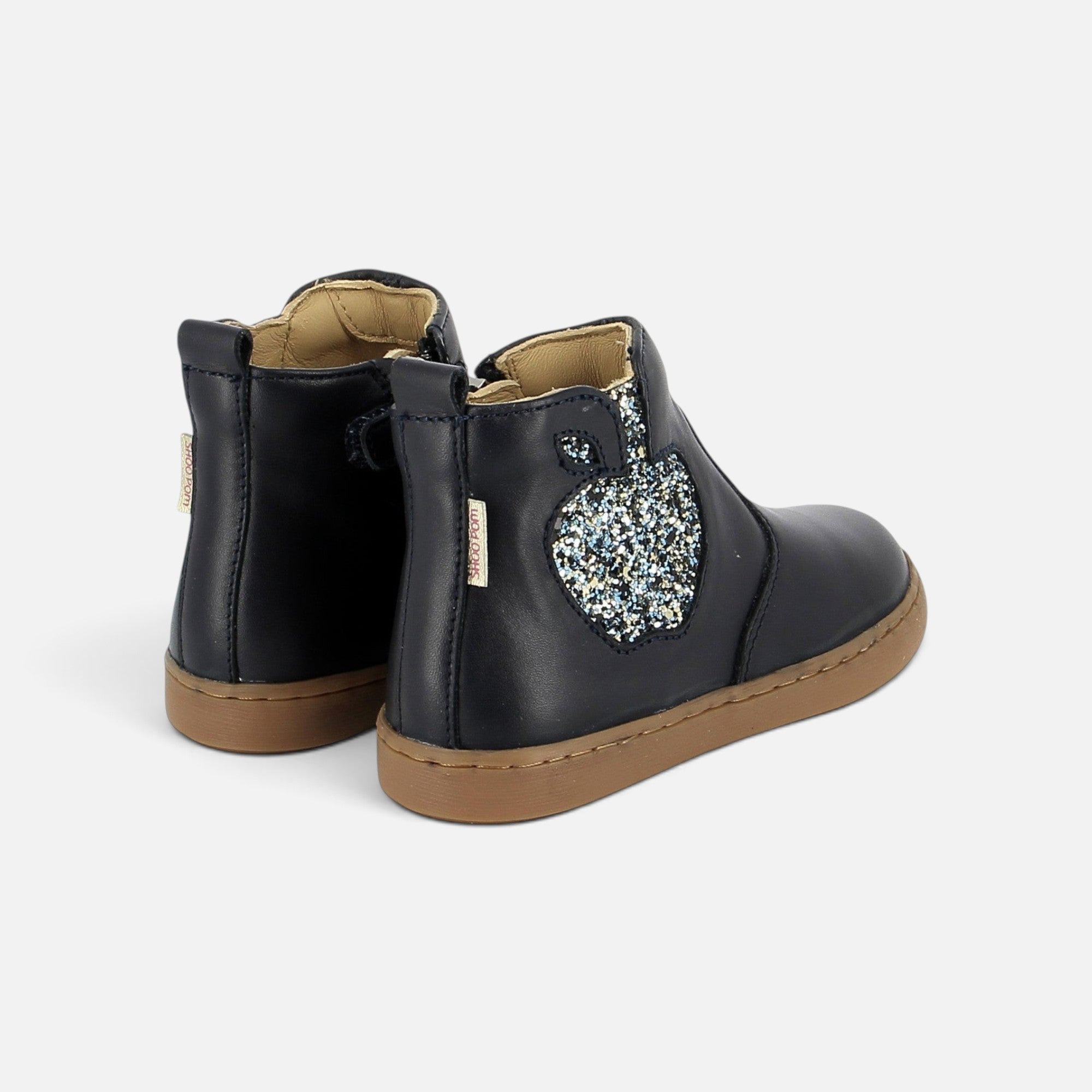 Bottines Shoo Pom en cuir bleu marine avec motif pomme à paillettes et semelle en caoutchouc souple