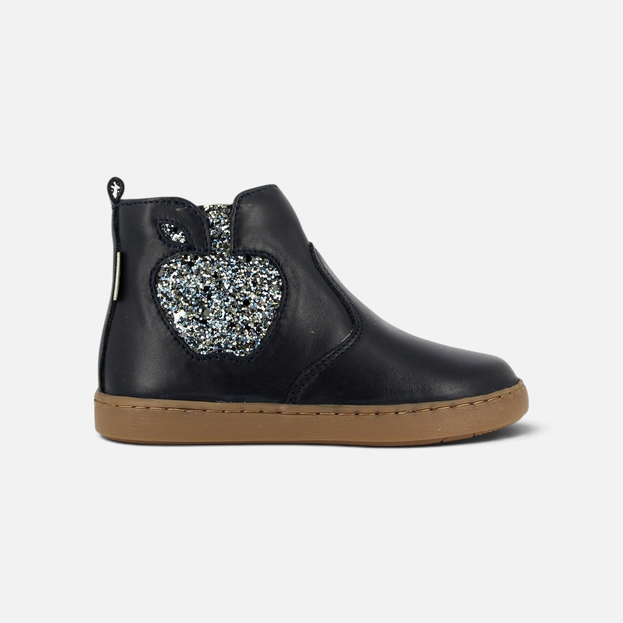 Bottines Shoo Pom en cuir nappa bleu marine avec motif pomme à paillettes et semelle en caoutchouc souple