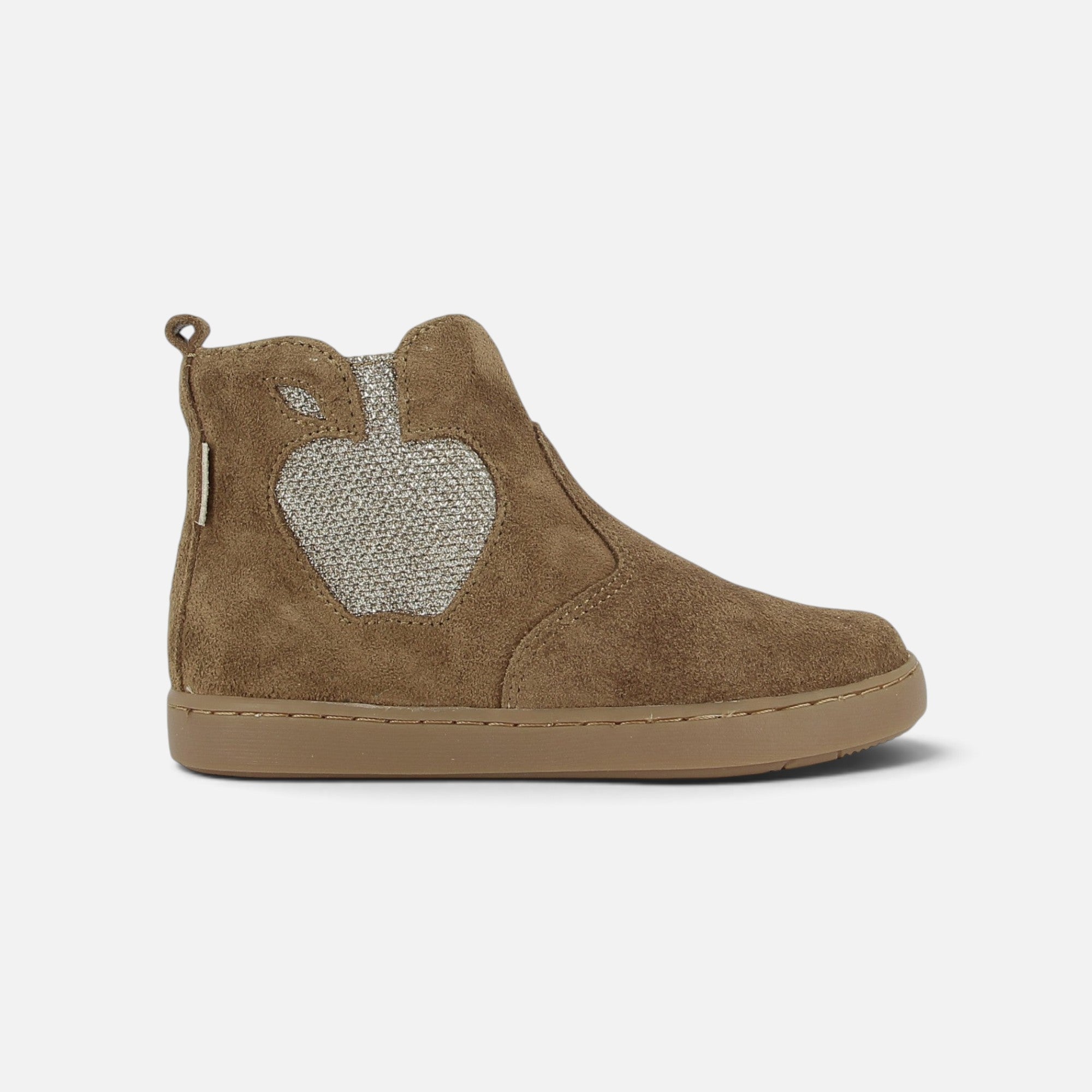 Bottine Shoo Pom Play New Apple en cuir velours camel avec motif pomme pailleté et fermeture zippée latérale