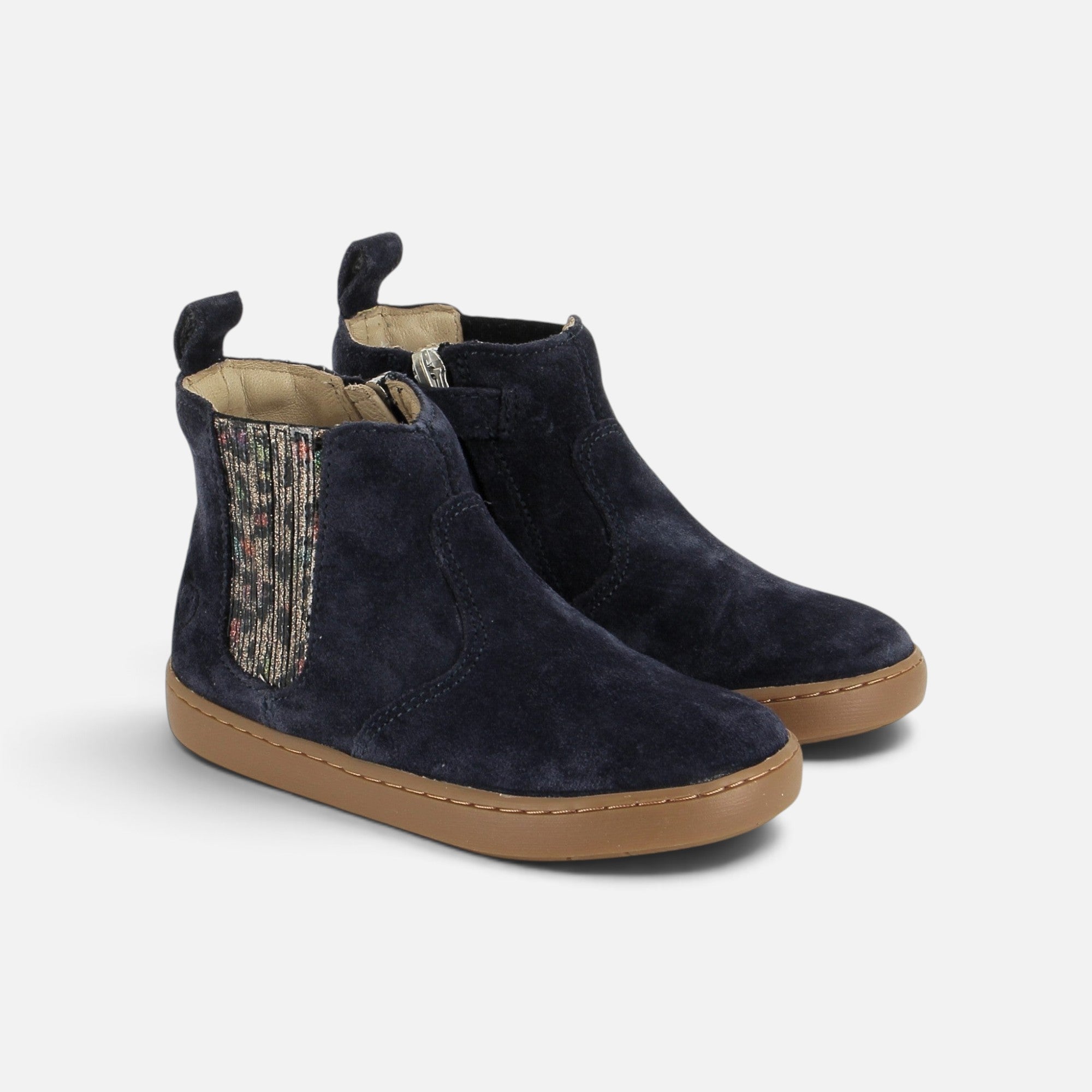 Bottines Shoo Pom pour fille en cuir velours bleu marine avec zip latéral et détails pailletés sur le côté