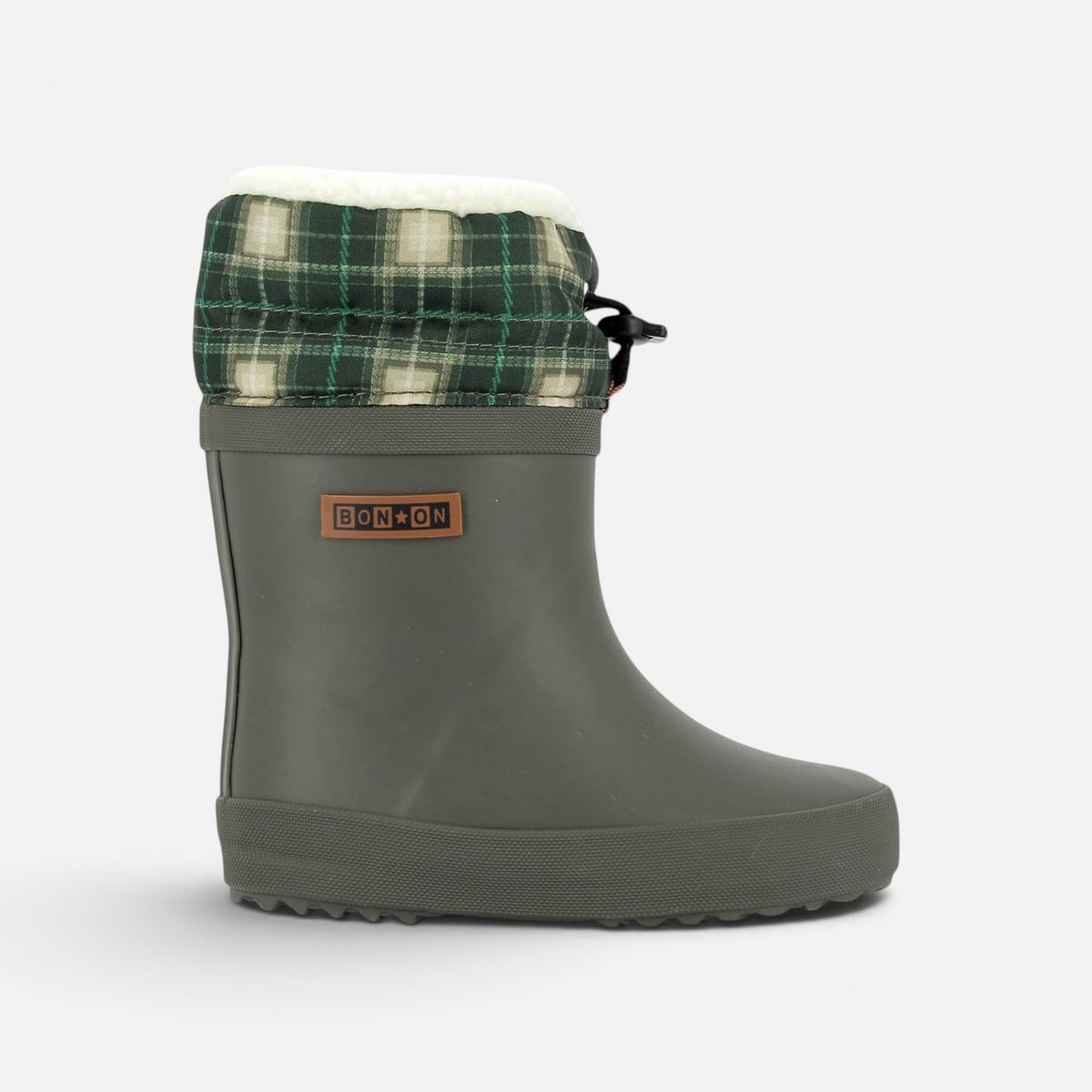 Botte de pluie Shoo Pom kaki en caoutchouc avec revers en nylon à motif tartan et doublure chaude pour enfant