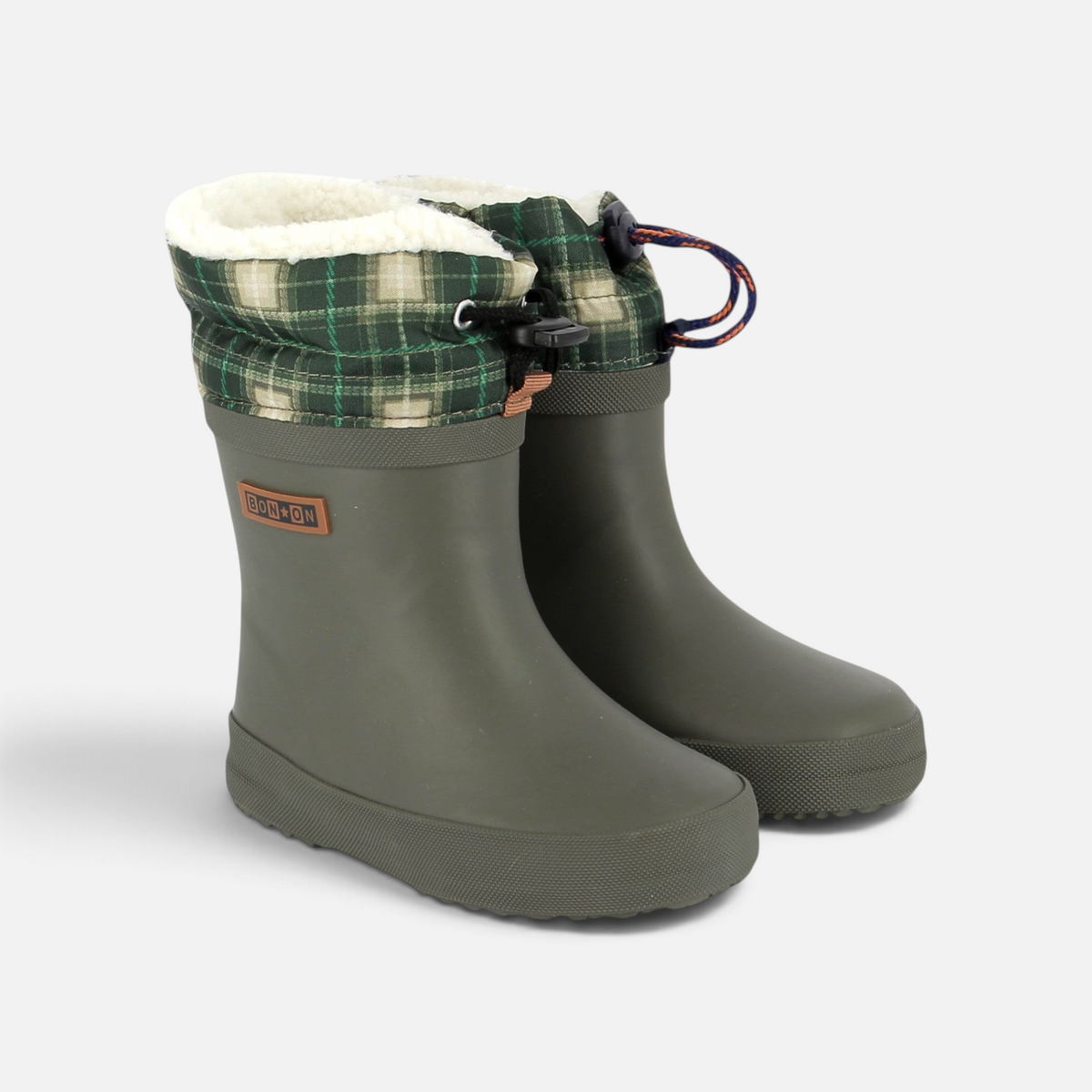 Bottes de pluie Shoo Pom kaki en caoutchouc avec col en nylon tartan et doublure chaude pour enfant
