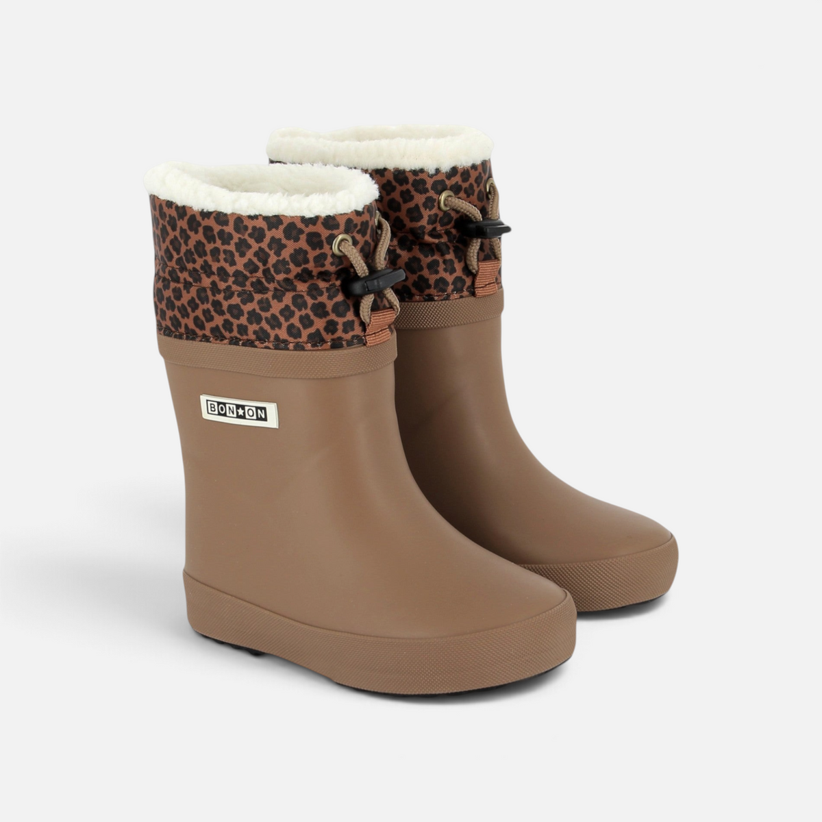 Bottes de pluie Shoo Pom marron en caoutchouc avec revers en nylon imprimé léopard et doublure en fausse fourrure