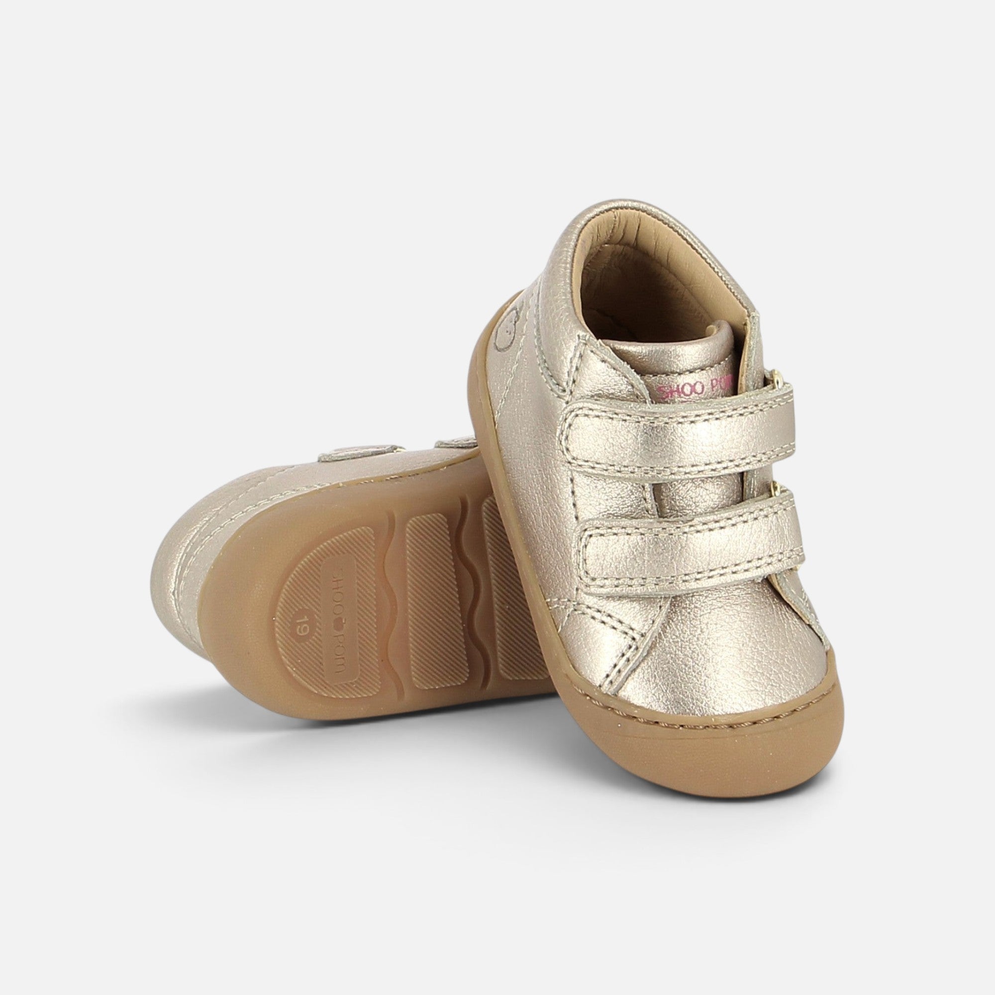 Chaussures barefoot Shoo Pom Plum Easy en cuir grainé bronze clair avec double scratch et semelle souple