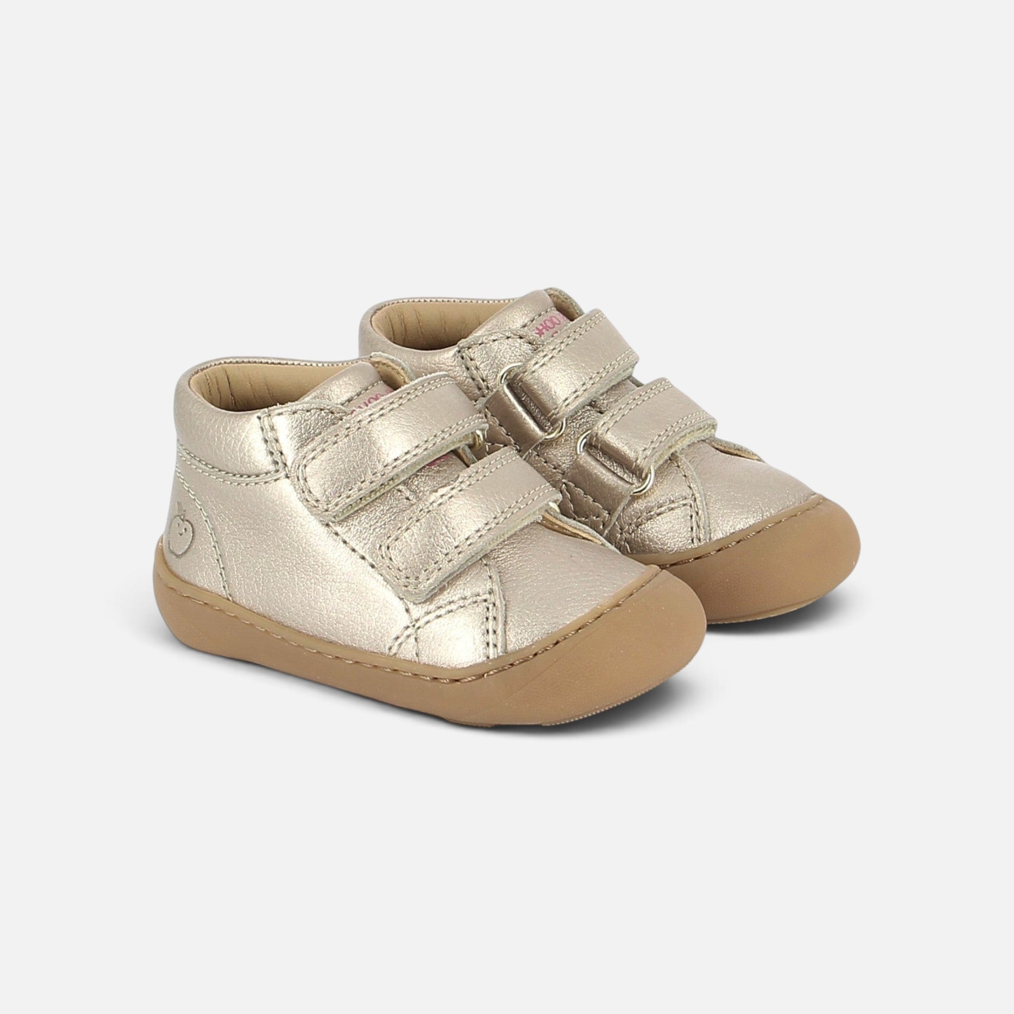 Chaussures barefoot Shoo Pom Plum Easy en cuir grainé couleur bronze clair avec semelle souple et fermeture scratch