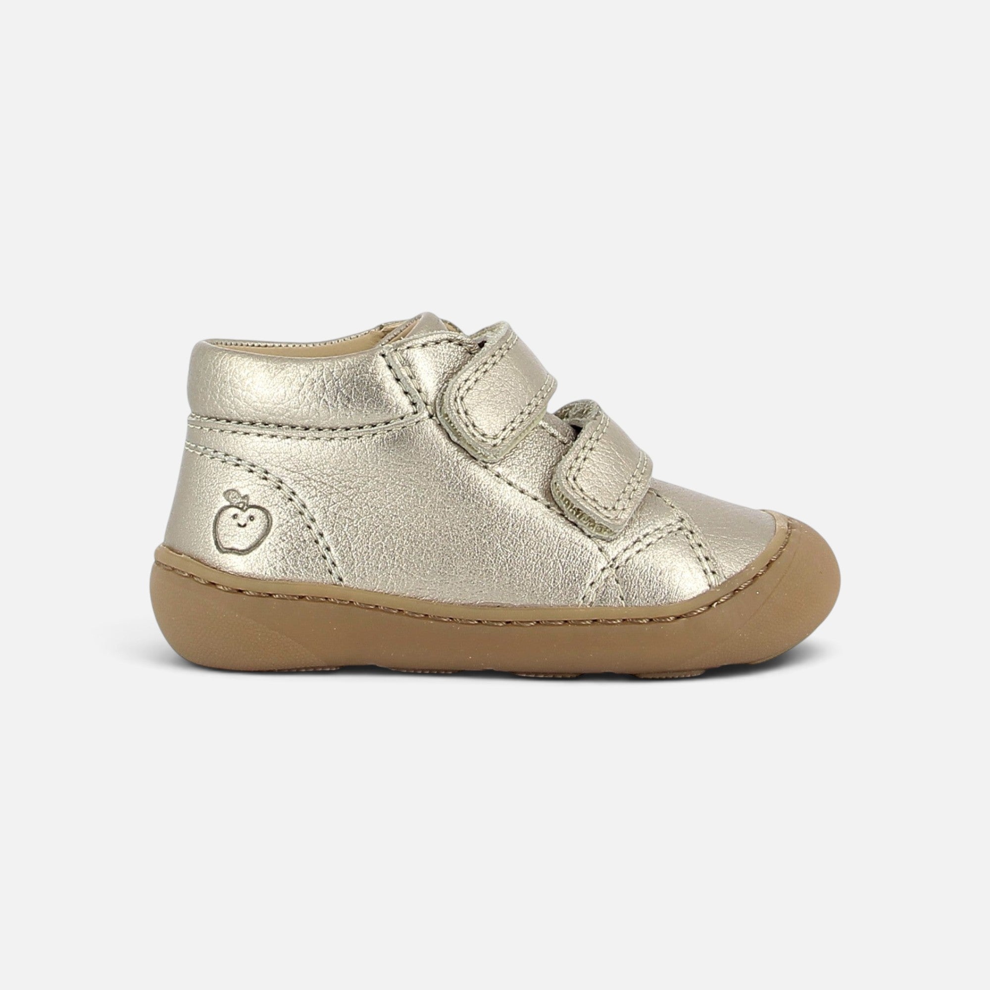 Chaussure barefoot Shoo Pom Plum Easy en cuir grainé couleur bronze clair avec fermeture scratch et semelle souple