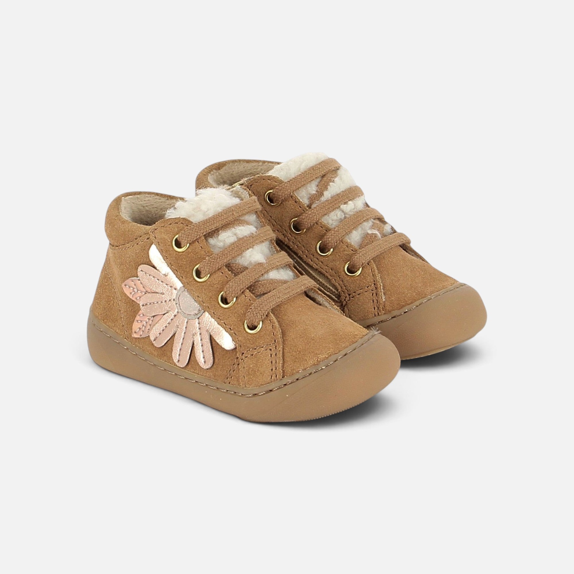 Chaussures barefoot Shoo Pom en velours terra avec doublure fourrée, lacets et motif fleur latérale pour enfant