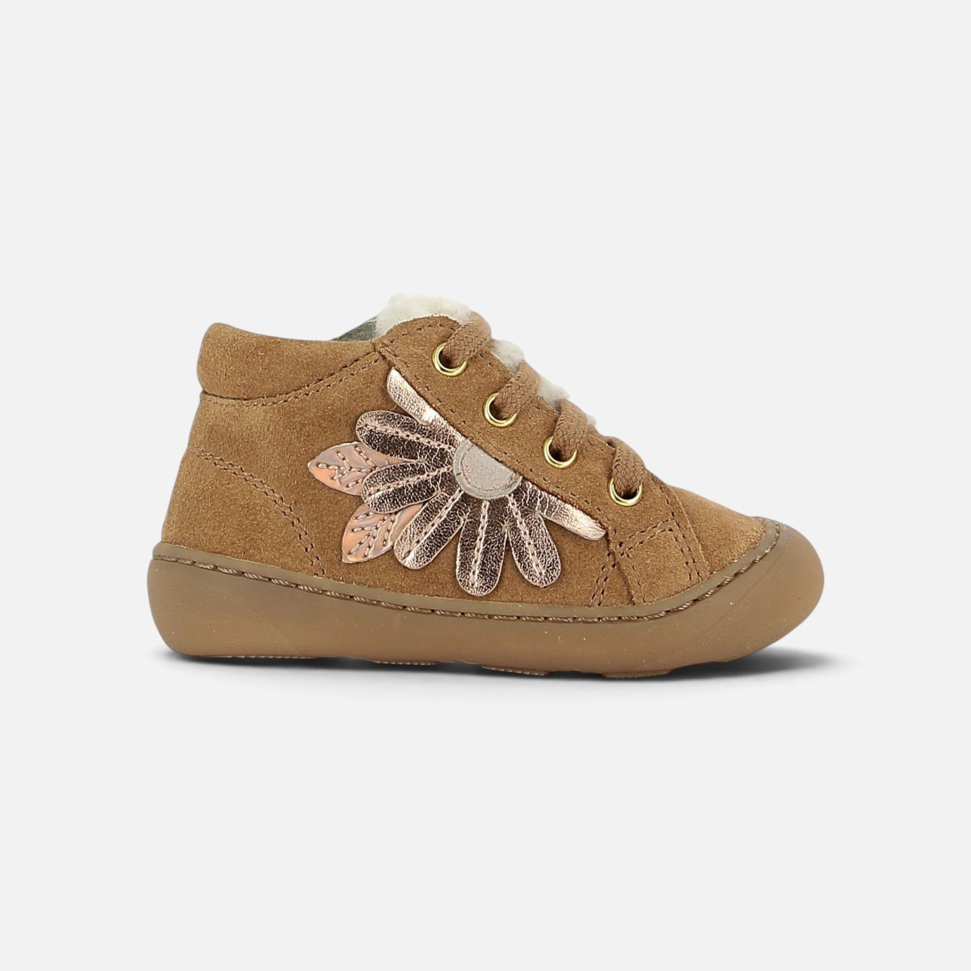 Chaussure barefoot Shoo Pom Plum Flo en velours terra avec motif fleur métallique et doublure chaude pour enfant