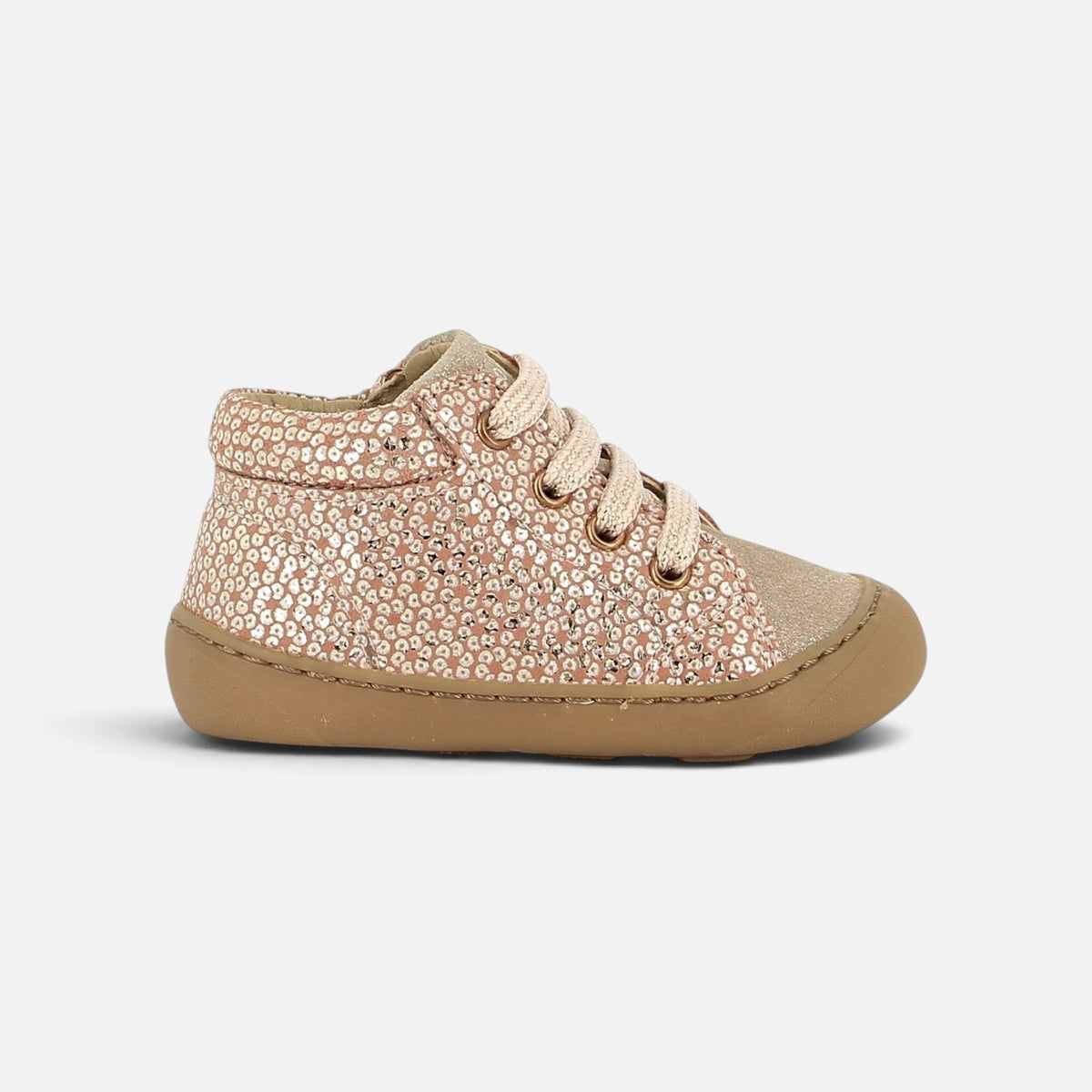 Chaussure barefoot Shoo Pom en cuir nude à motif laminé, semelle souple et lacets pour enfant