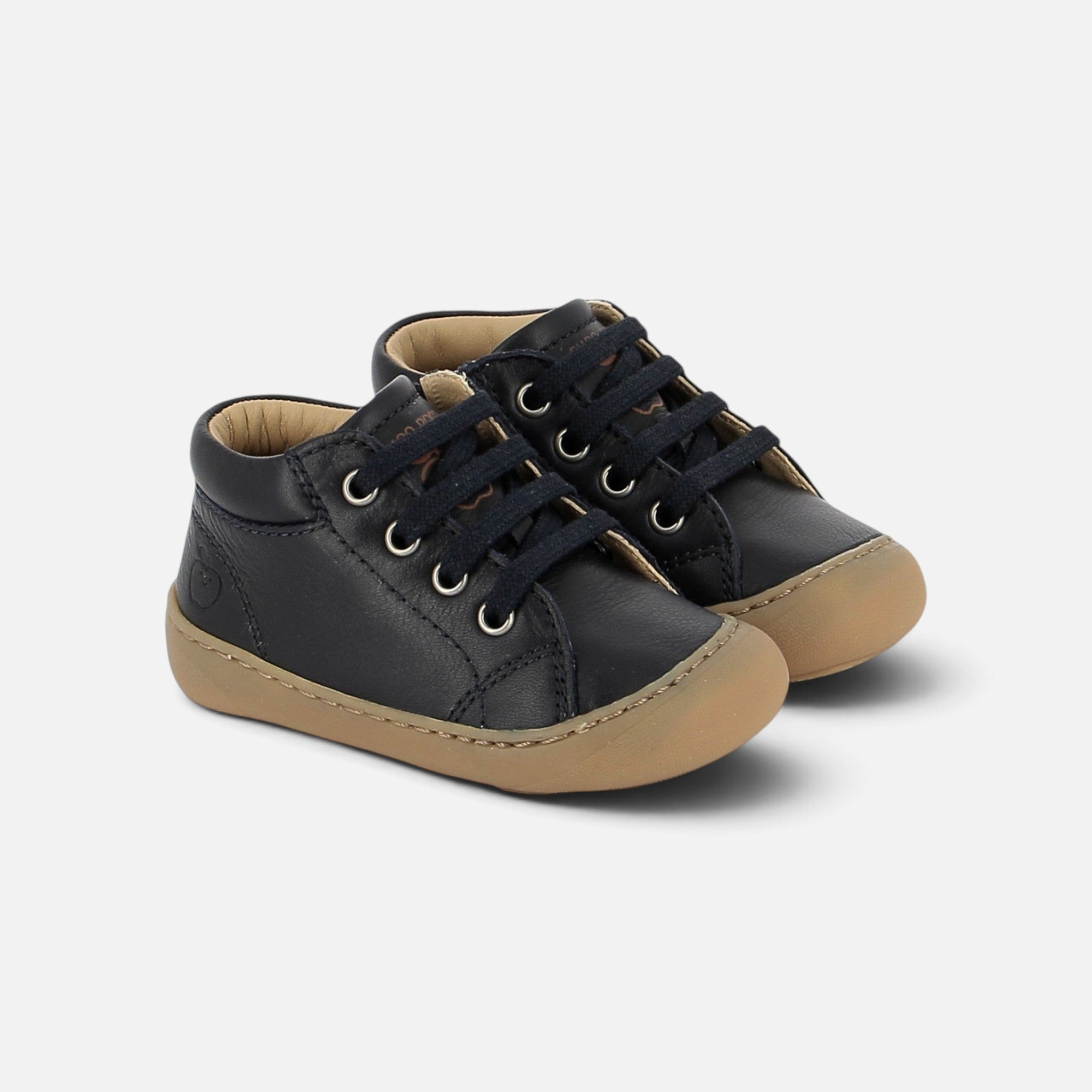 Chaussures barefoot Shoo Pom en cuir bleu marine pour enfant avec lacets et semelle souple en caoutchouc naturel