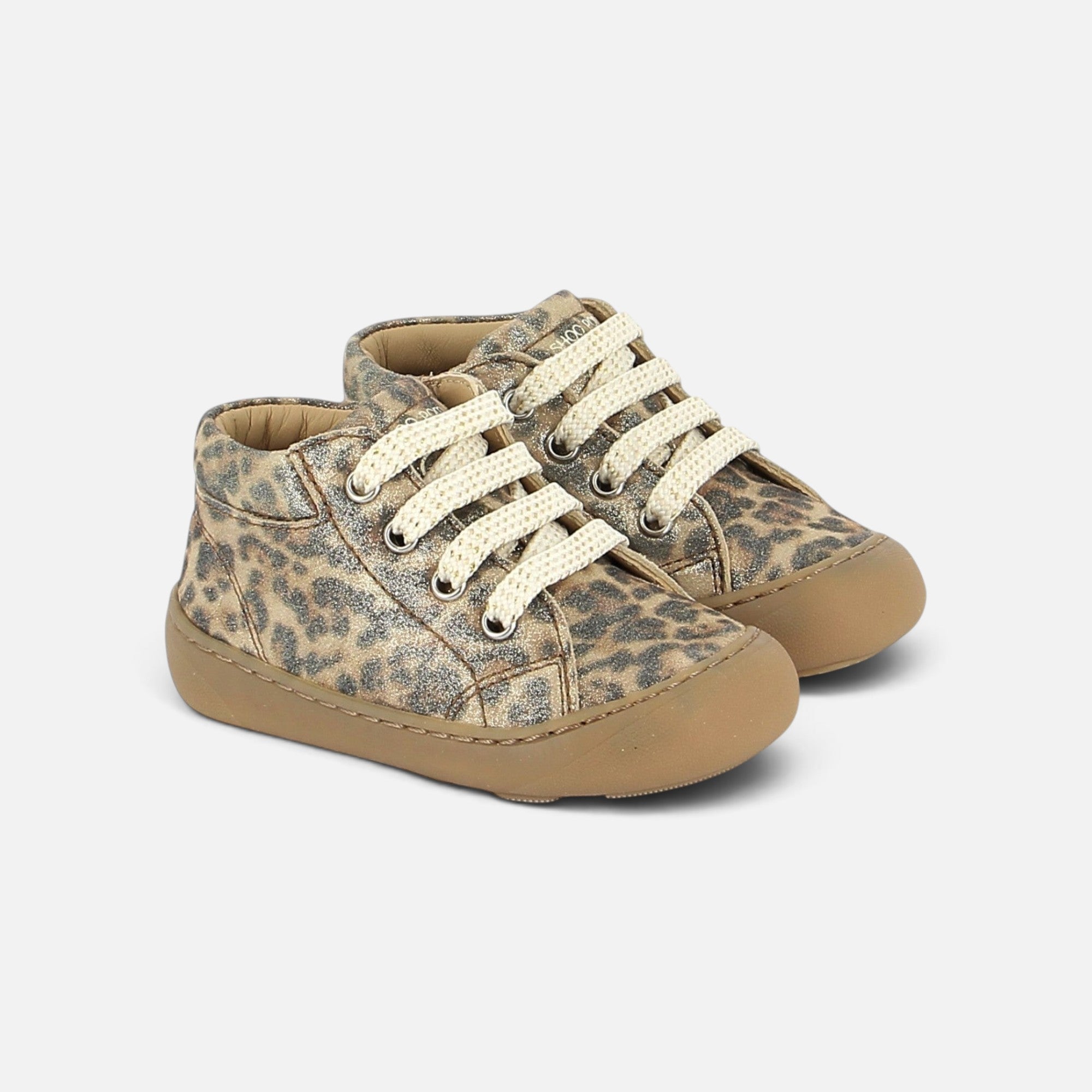 Chaussures barefoot Shoo Pom en cuir imprimé léopard doré avec lacets beiges et semelle souple pour enfant