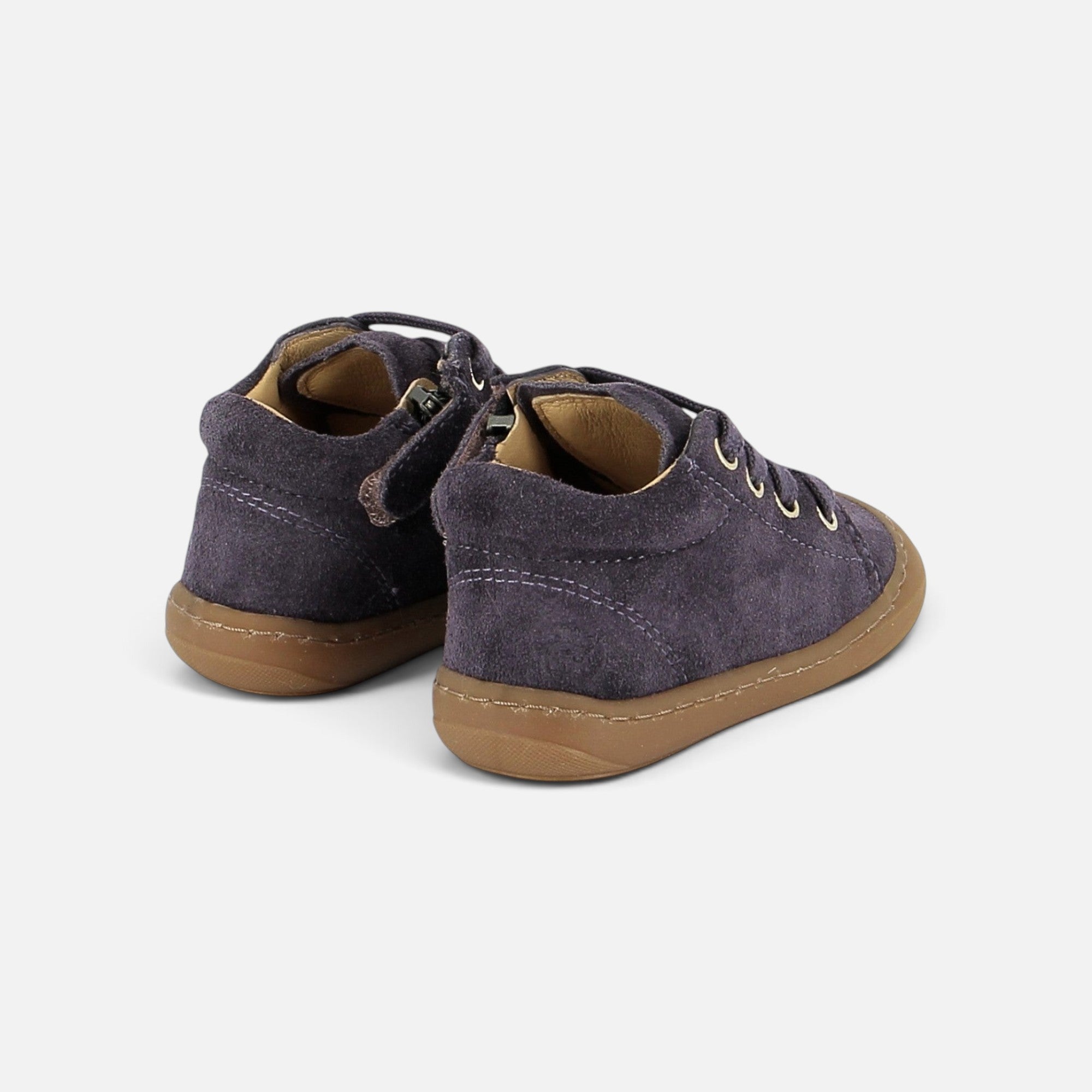 Chaussures premiers-pas Shoo Pom Tom Zip en cuir velours violet avec semelle en caoutchouc souple