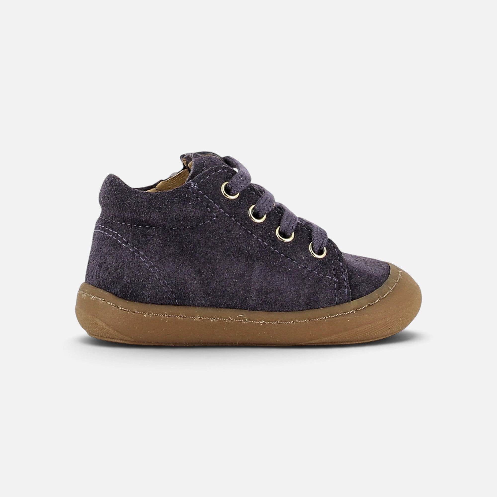 Chaussure premiers-pas Shoo Pom Tom Zip en cuir velours violet avec lacets et semelle en caoutchouc souple
