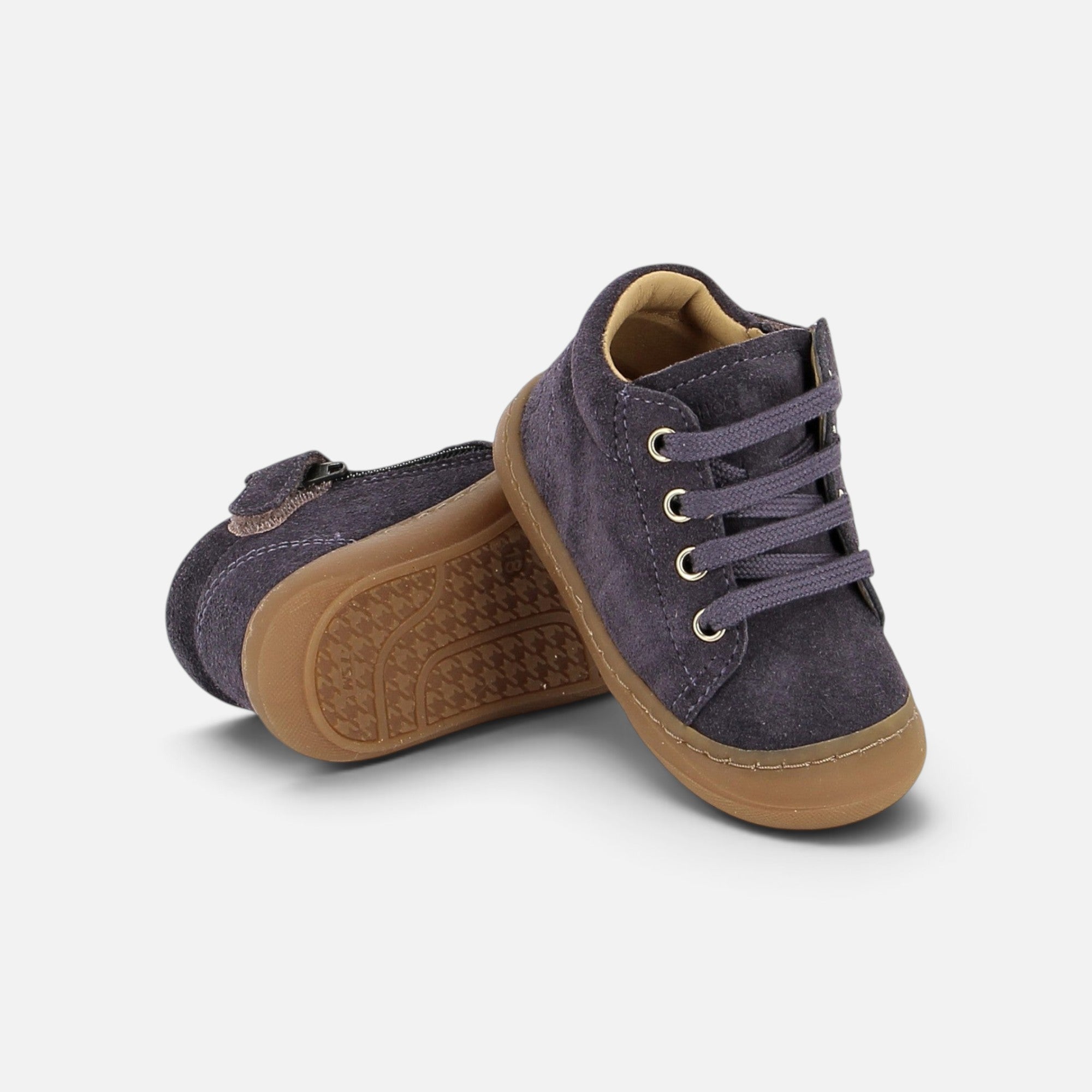 Chaussures premiers-pas Shoo Pom Tom Zip en velours violet avec lacets et semelle en caoutchouc souple