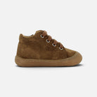 Chaussure premiers-pas Shoo Pom Tom Zip en cuir velours couleur cappuccino avec lacets et semelle en caoutchouc