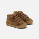 Chaussures premiers-pas Shoo Pom Tom Zip en cuir velours couleur cappuccino avec lacets et semelle en caoutchouc