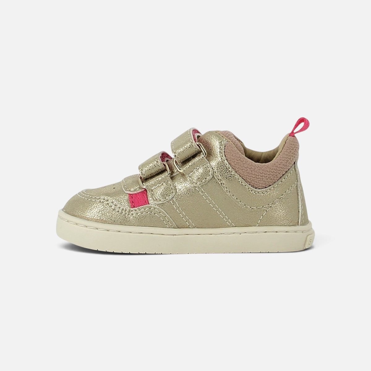 Basket barefoot Shoo Pom Tooties Easy en cuir laminé platine et marron avec fermeture scratch pour enfant