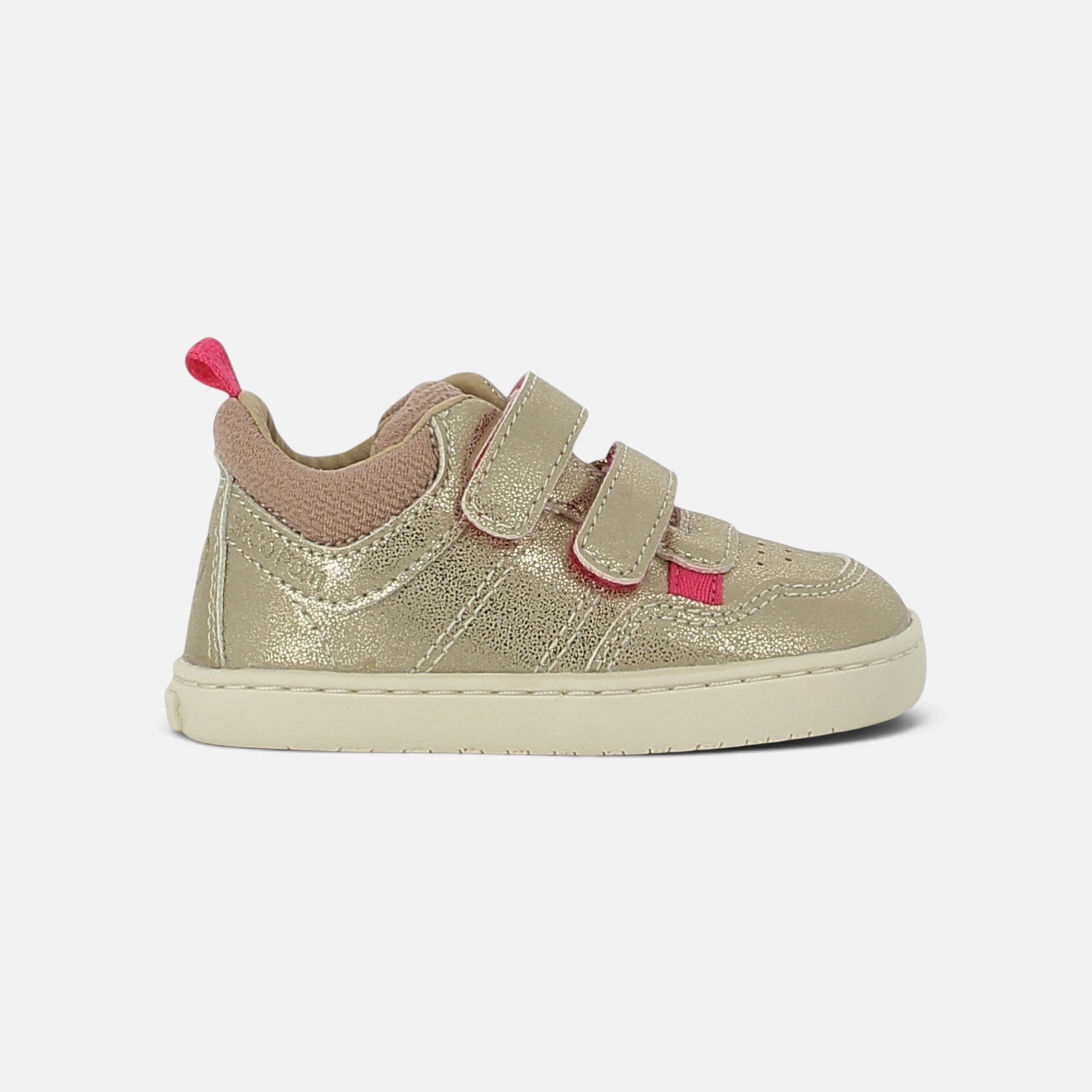 Basket barefoot Shoo Pom en cuir laminé platine et marron avec fermeture scratch pour enfant