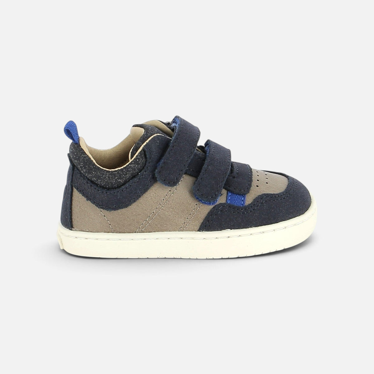 Basket barefoot Shoo Pom Tooties Easy en cuir bleu marine et beige avec fermeture scratch et semelle souple