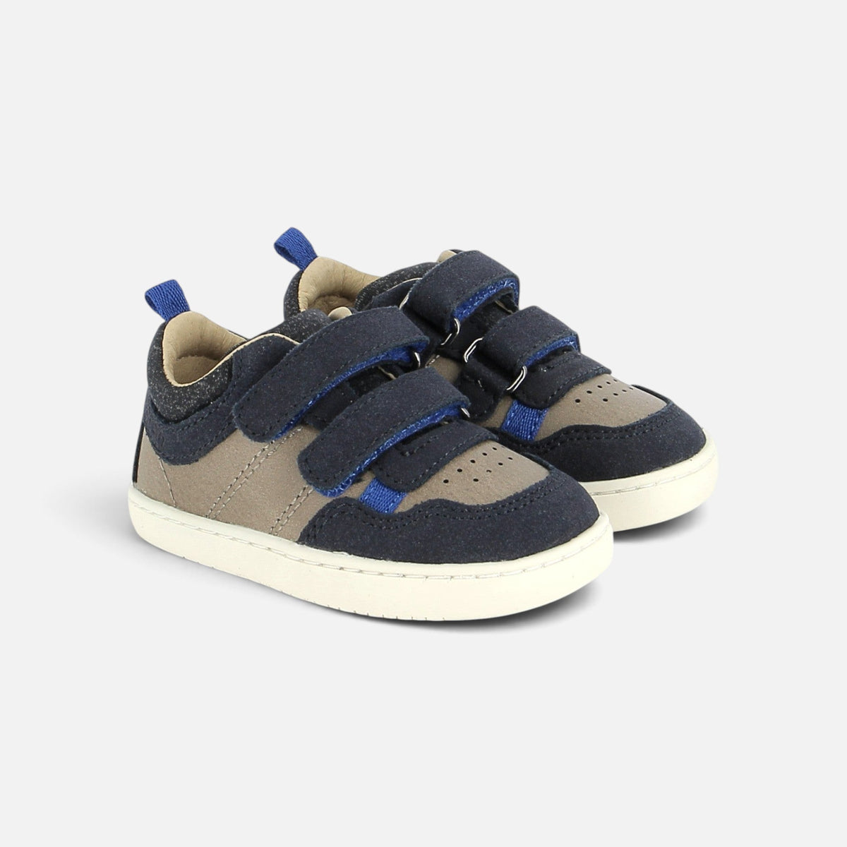 Basket barefoot Shoo Pom Tooties Easy en cuir bleu marine et beige avec fermeture scratch et semelle souple