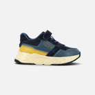 Baskets Shoo Pom pour enfant en cuir et suède bleu et jaune avec semelle épaisse mouchetée et fermeture scratch