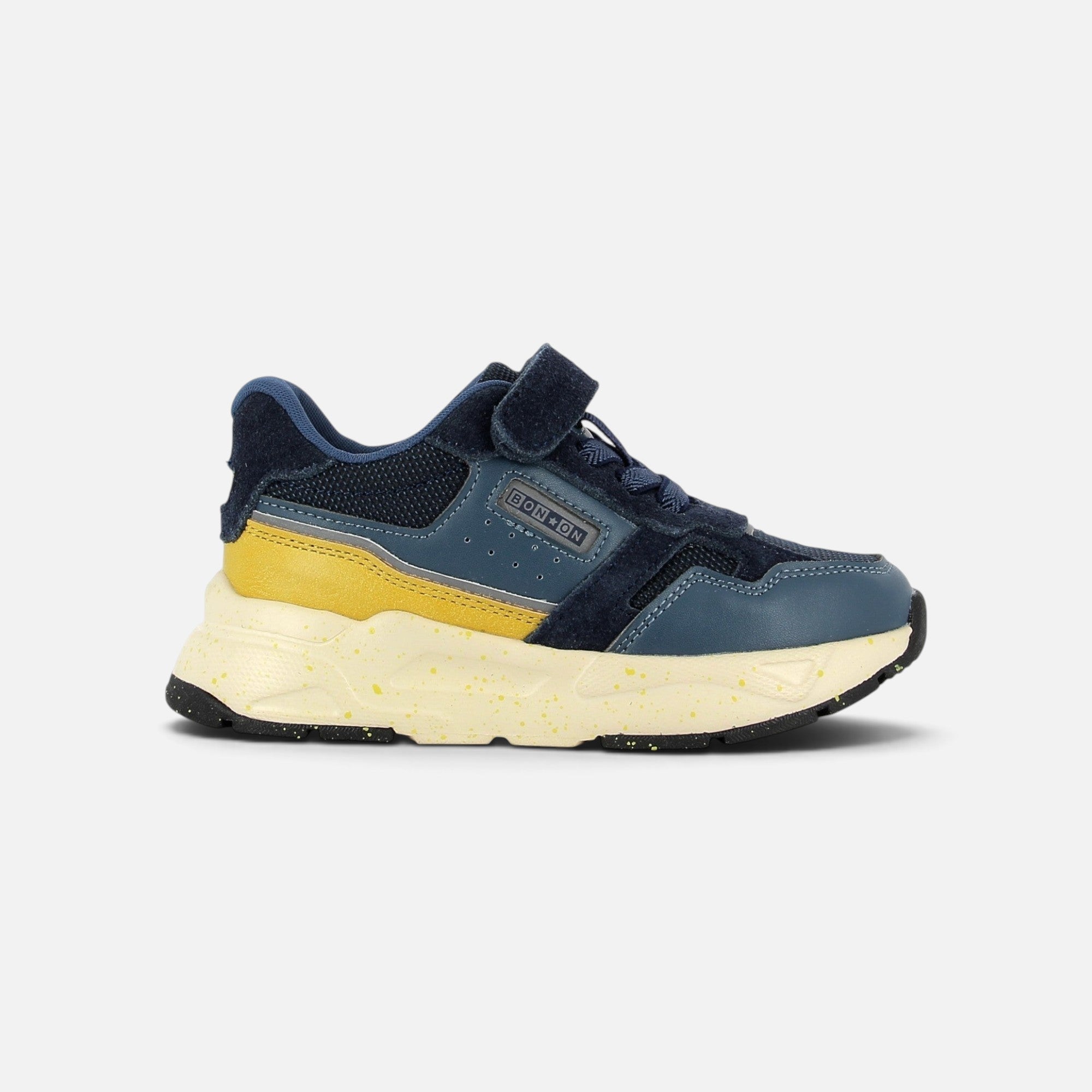 Baskets Shoo Pom pour enfant en cuir et suède bleu et jaune avec semelle épaisse mouchetée et fermeture scratch
