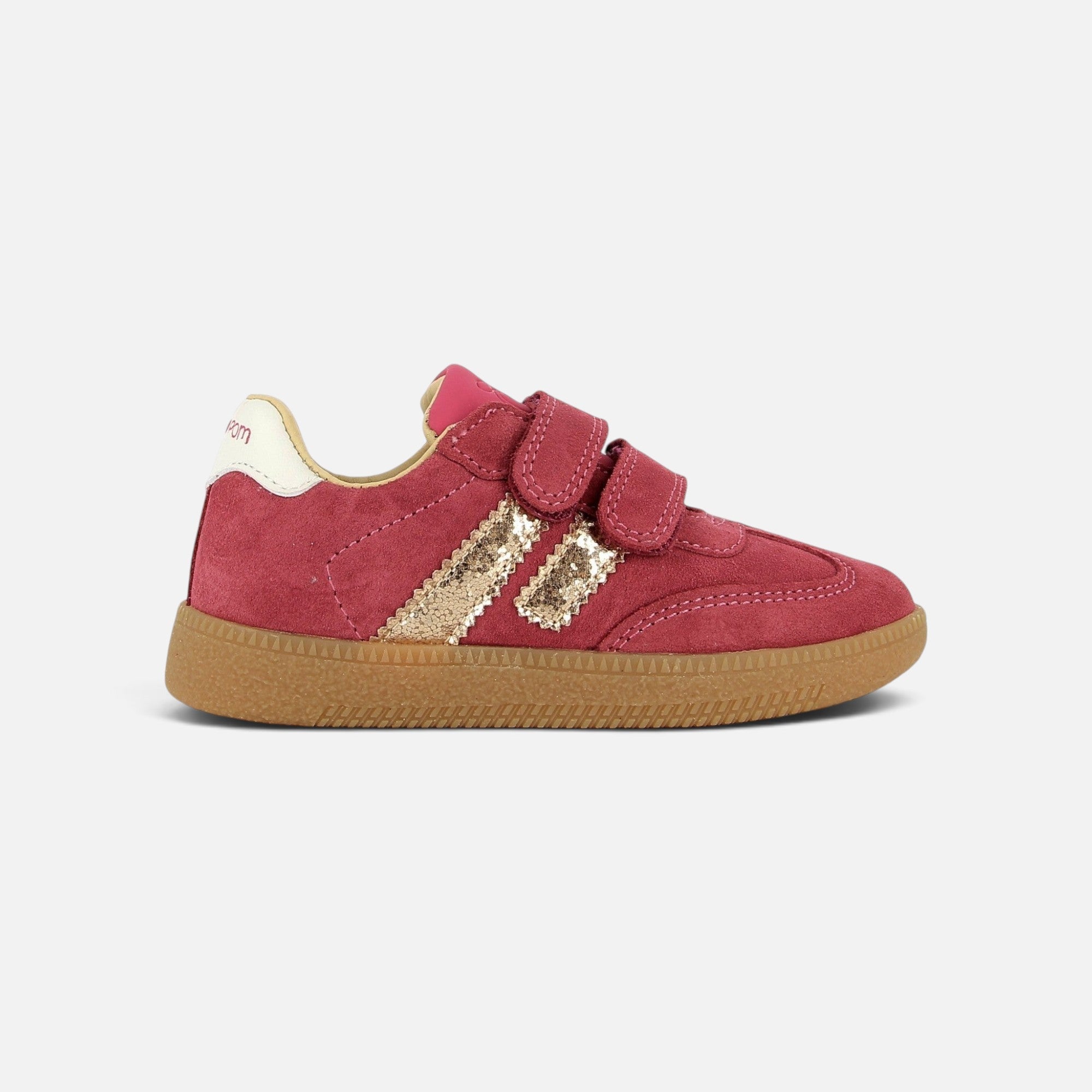 Basket enfant Shoo Pom Yuzu en velours rouge cerise avec bandes dorées pailletées et fermeture à double scratch