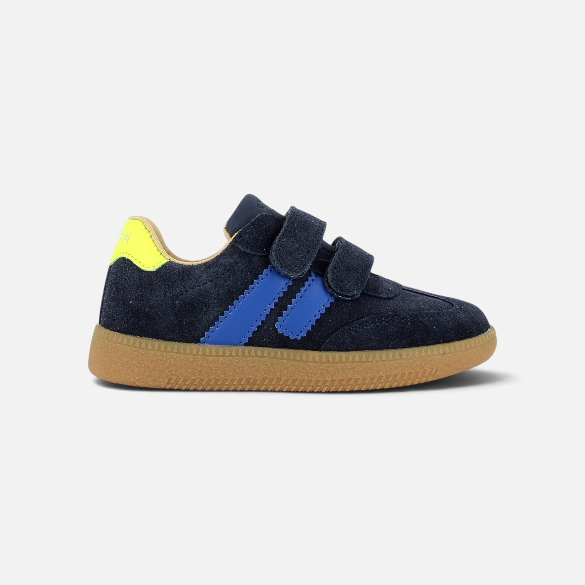 Basket enfant Shoo Pom Yuzu en velours bleu marine avec doubles scratchs, bandes bleues et semelle en gomme